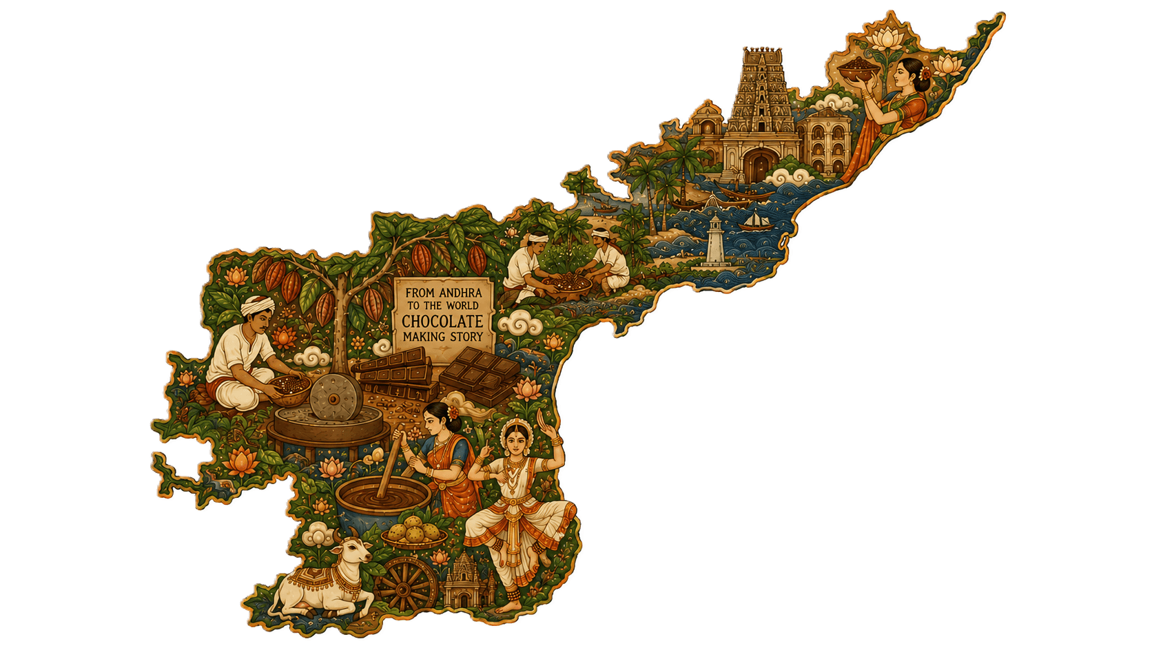 An illustrated map of Andhra Pradesh telling the chocolate-making story