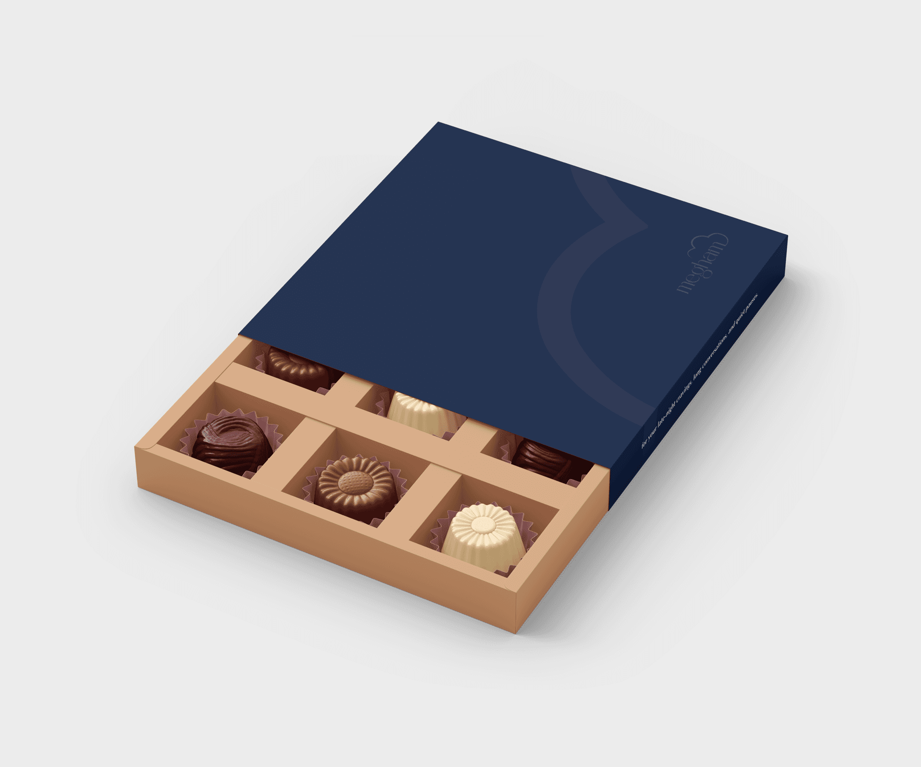 An open Megham gift box with six bonbon cavities