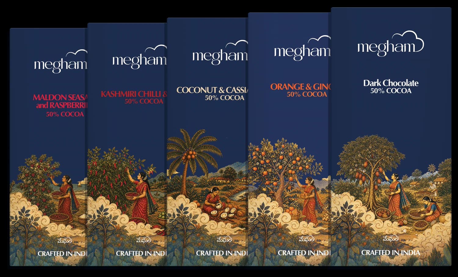 The five Megham dark chocolate artisanal bars