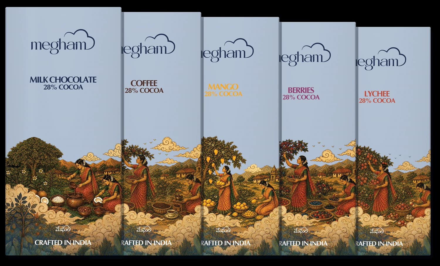 The five Megham milk chocolate artisanal bars