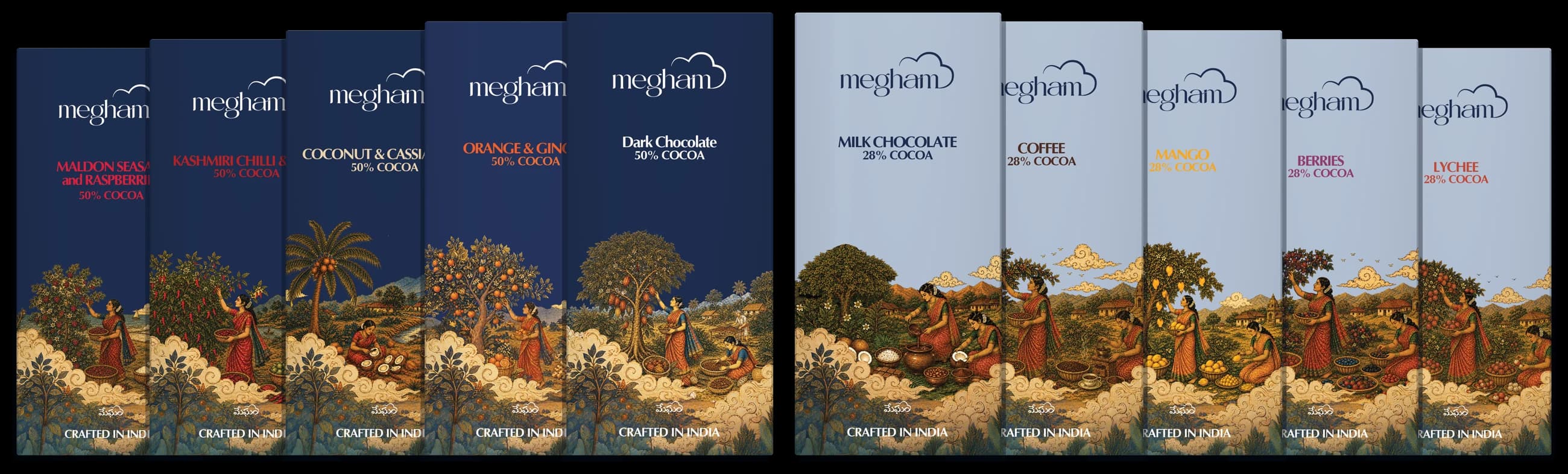 All ten Megham Artisanal Bars, five dark and five milk flavours