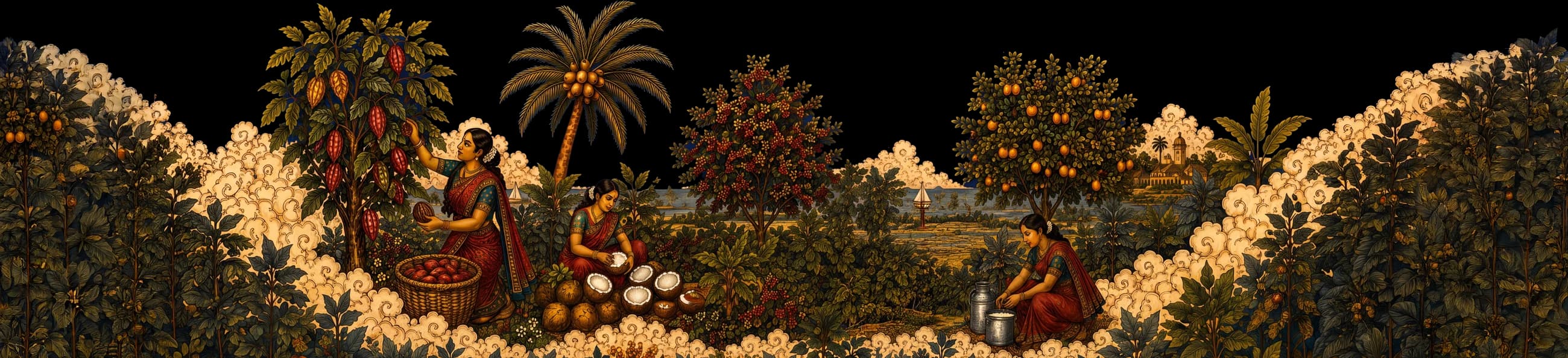 Illustrated Megham landscape with cacao, coconut, coffee and citrus harvests