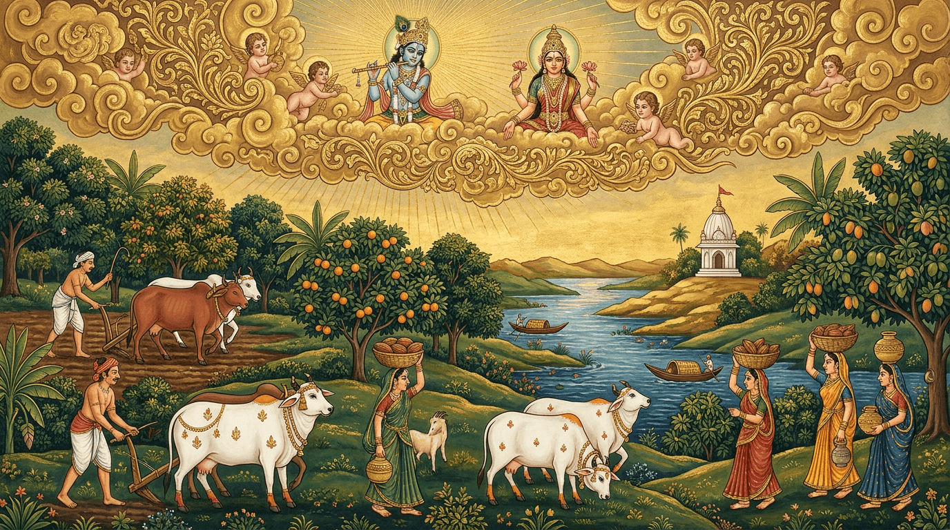 A painted Andhra landscape — clouds, cows and orchards