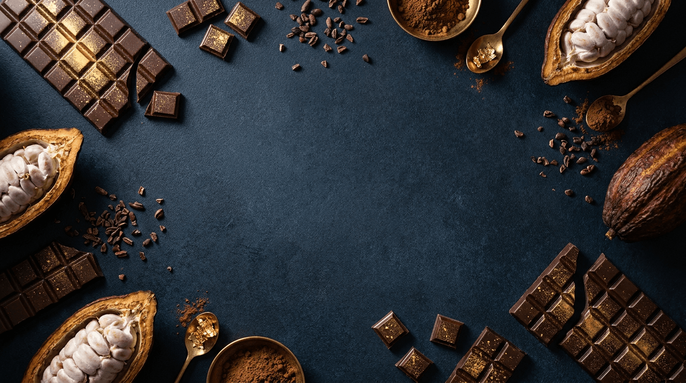 Megham craft chocolate — bars, cacao pods and cocoa nibs on a navy surface